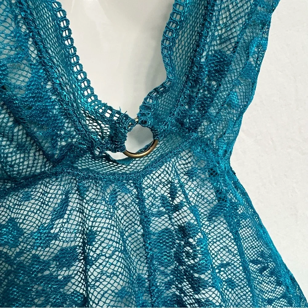 Intimately Free People FP No Trace Lace Bodysuit Teal Blue XS OB831127 SHEER EUC
